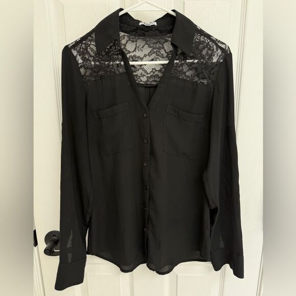 Express Slim Fit Black Button Down Portofino Shirt Black Lace Insert Size S - Picture 1 of 5